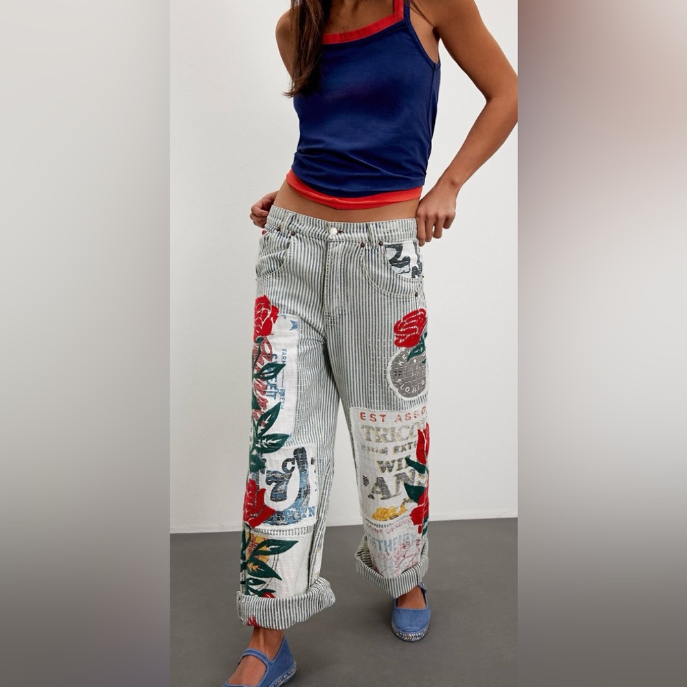 We The Free Striped Wide Leg Painterly Rose Print Pants - White, Red, Green